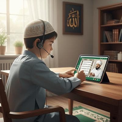A child reciting Quran during an online lesson on a tablet